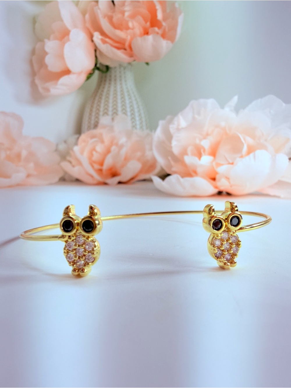 Gold Owl Cuff Bracelet with Pink Crystal Accents